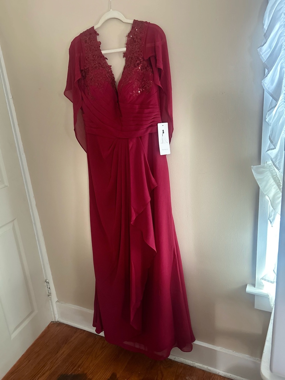 Red Lace V-Neck Maxi Dress with Draped Cape Sleeves